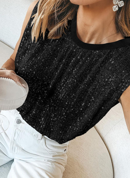 Round Neck Vest Women Clothing Sequin Sequined Vest Sexy Sexy Shoulder Pad Top