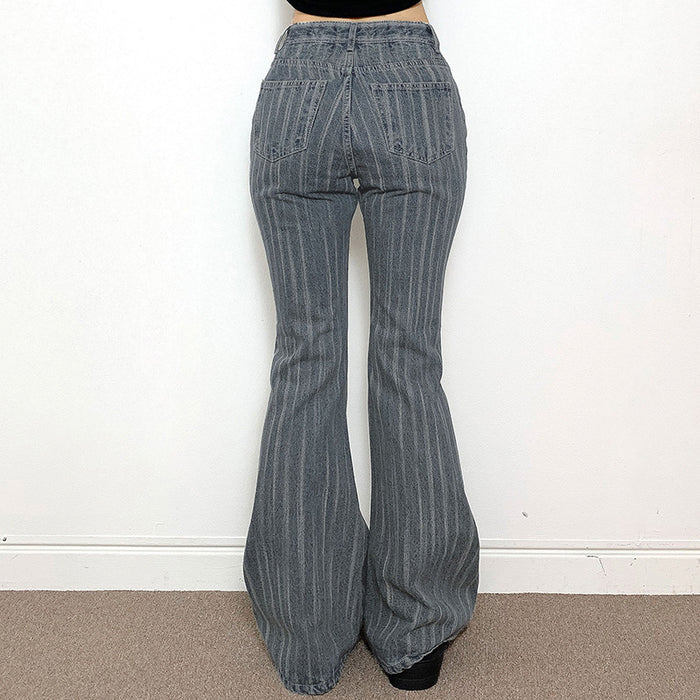 Retro Design Striped Denim Bell Bottom Pants Sexy Low Waist Sexy Casual Trousers Women Clothing