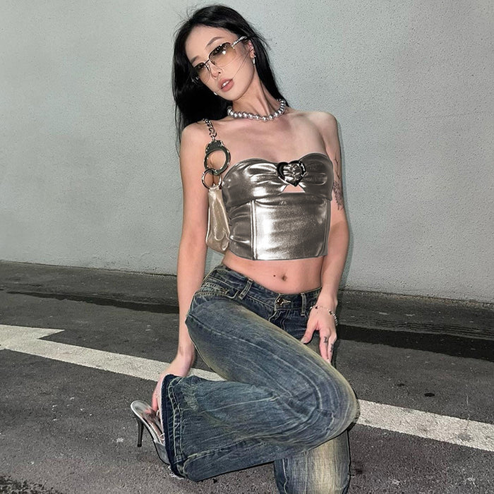 Metallic Coated Fabric Women Spring Clothing Special-Interest Design Tube Top Sexy Sexy Cropped Vest