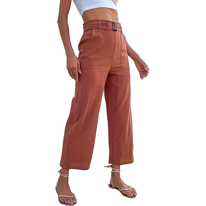 Summer Loose Cotton Linen Cropped Casual Pants Red Bell-Bottom Pants Women