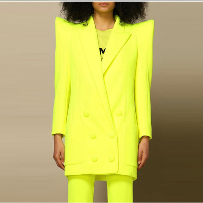 Cool Profile Shrug Double Breasted Mid Length Blazer Fluorescent Yellow Pant Sets