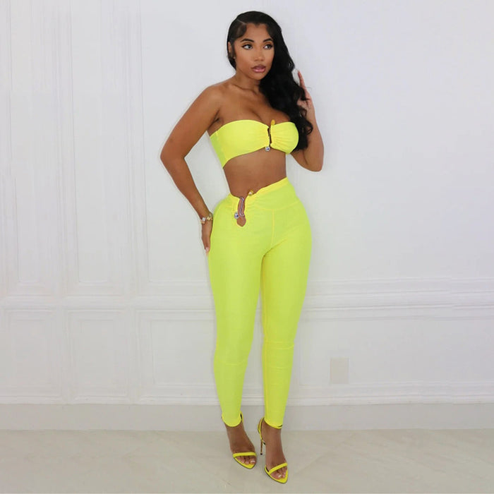 Summer Women Clothing Solid Color Cropped Tube Top Sexy High Waist Tight Hip Lifting Trousers Set for Women