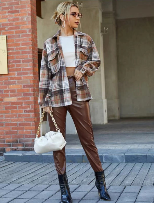 Autumn Winter Cardigan Casual Retro Plaid Collared Woolen Coat Women