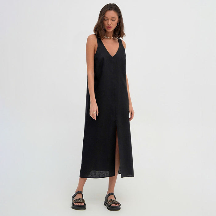 Summer Casual Comfortable Black V neck Backless Slit Sleeveless Dress Maxi Dress for Women