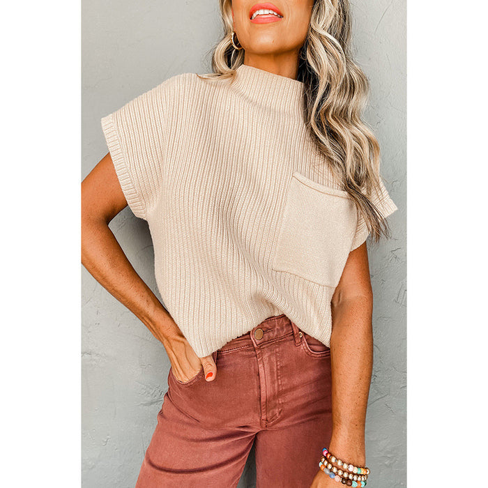 Fall Solid Color Pullover High Collar Short Sleeved Top Women Simple Thread Sweater Women