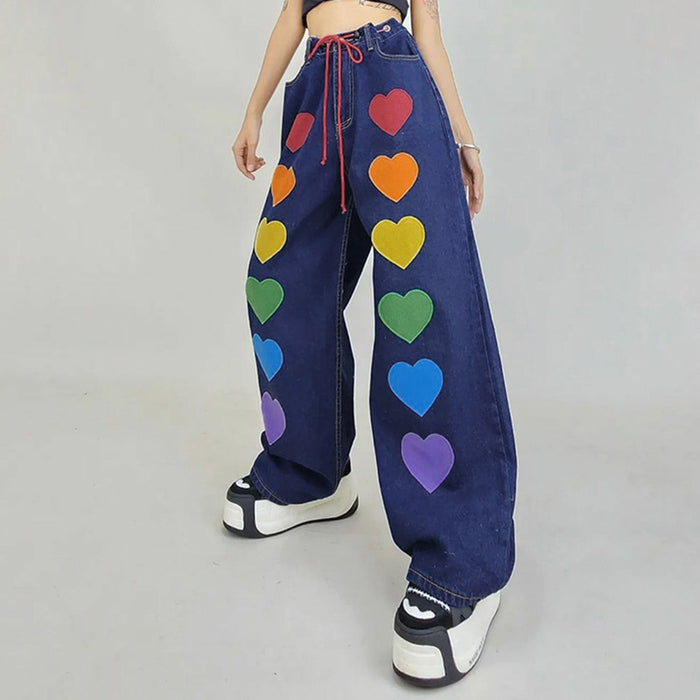 Station Rainbow Color Love Element Waist Tight Design Lace up Jeans Fashionable Loose Casual Straight Pants