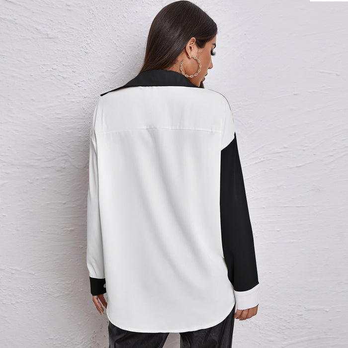 Autumn Winter Contrast Color Sexy Patchwork Top Pocket Long Sleeve Chiffon Shirt