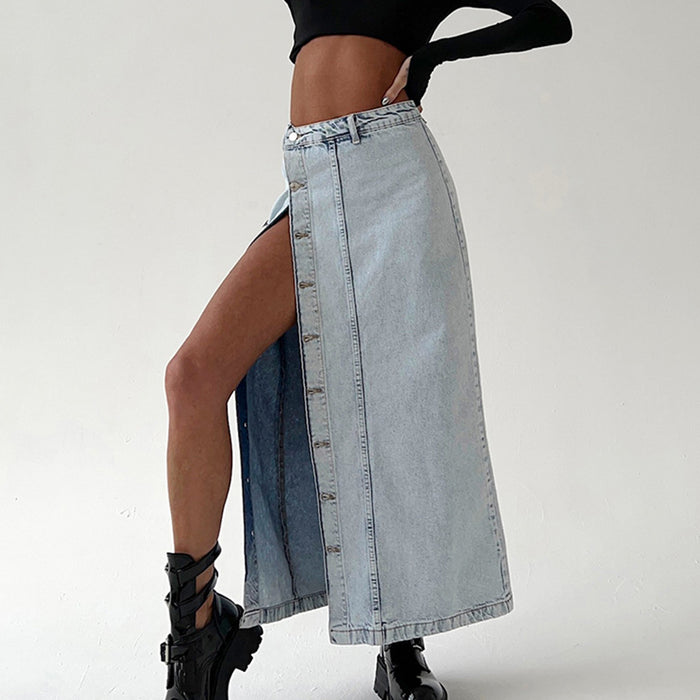 Retro Slit High Waist Denim Skirt Women Summer Asymmetric Design Straight Skirt Long Skirt