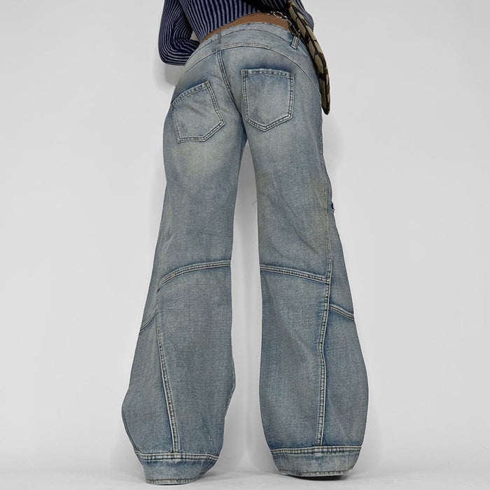 Street Irregular Asymmetric with Personality Denim Split Washed Jeans Low Waist Loose Flared Trousers