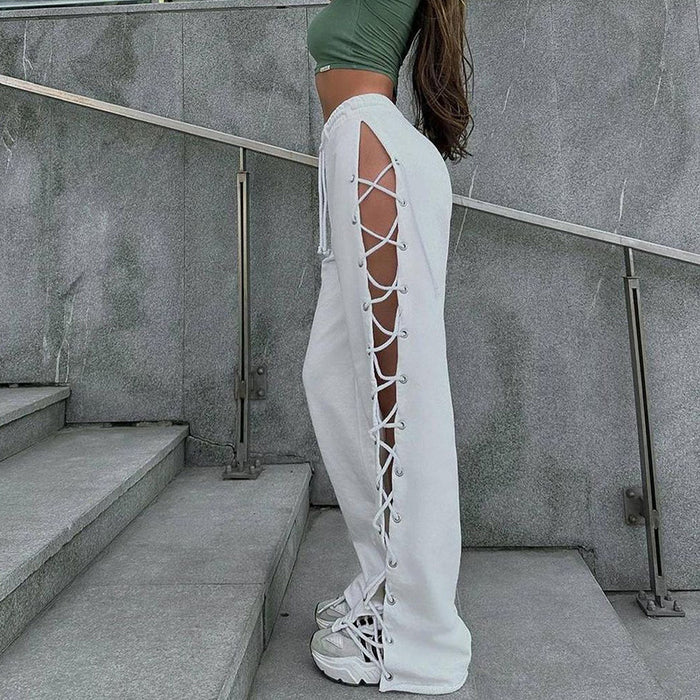 Summer Street Slim Fit Side Slit Lace up Cutout Wide Leg Pants