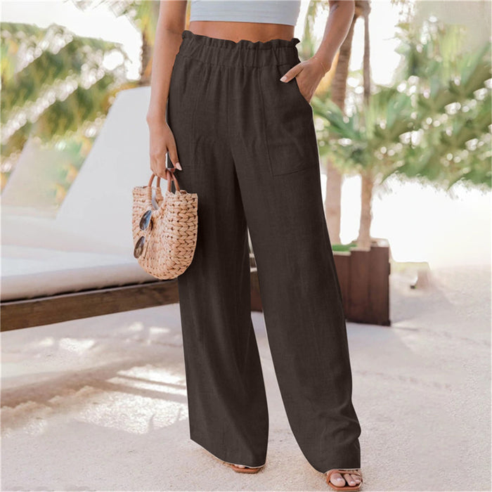 Summer Women Clothing Casual Pants Ruffles Patch Pocket Wide Leg Pants Women Pants