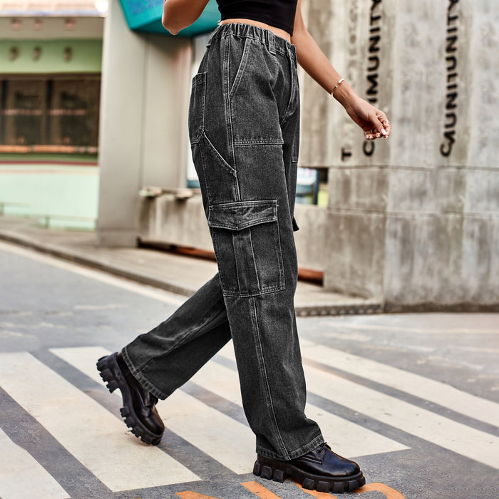 Washed Semi Elastic Design Personality Denim Cargo Pants Casual Pants Women