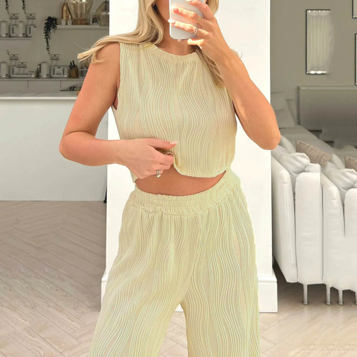 Summer Solid Color Sleeveless Vest Top Trousers Women  Wear Two Piece Casual Suit for Women