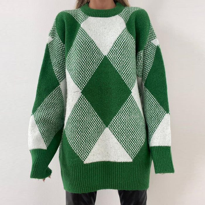 Half Turtleneck Pullover Sweater Loose Green Diamond Lattice Sweater