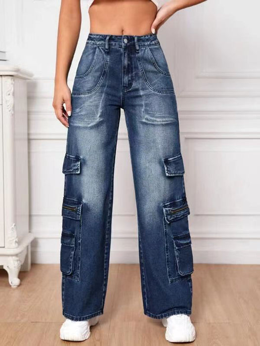 Multi Bag Jeans Women High Waist Tooling Pants Loose Washed Out Jeans