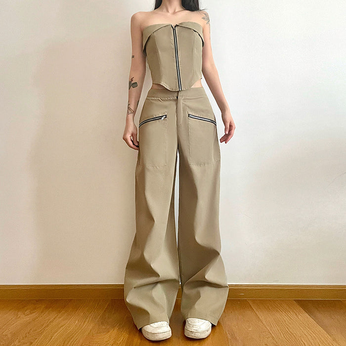 Tooling Street Sexy Pant Sets off Shoulder Bandeau Slim Fit Zipper Vest High Waist Loose Straight Trousers