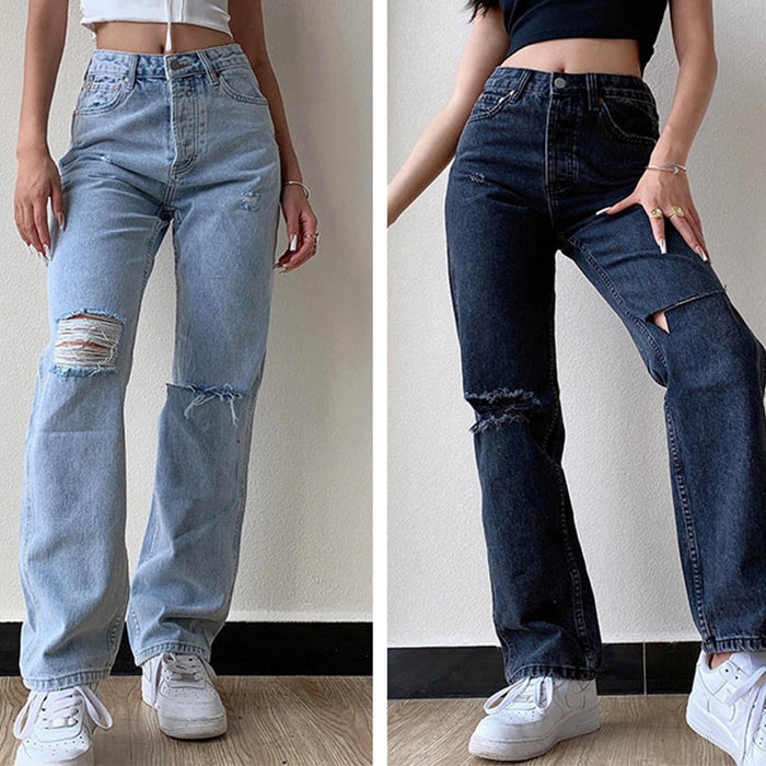 Women  Jeans Casual Wide-Leg Washed Ripped Mid-Waist Jeans for Women