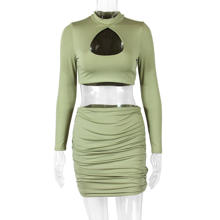 Autumn Winter Sexy Hollow Out Cutout Long Sleeved Hip Skirt Pleated cropped Two Piece Set