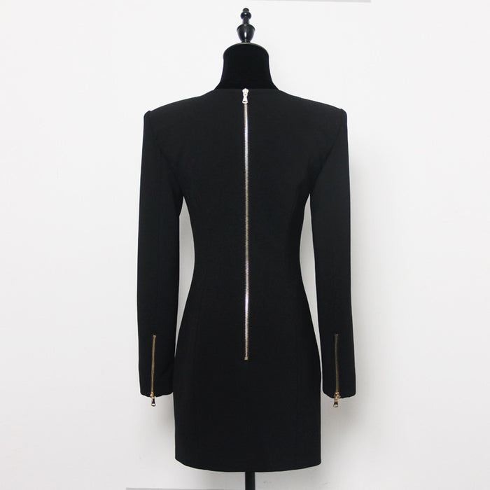 Spring Autumn Solid Color Square Collar Single Breasted Long Sleeve Zipper Short Women  Dress