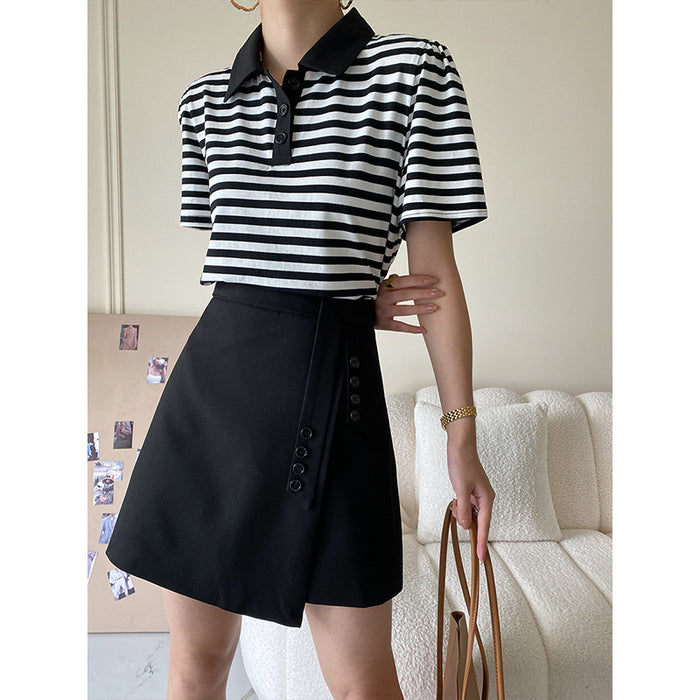 Polo Collar Striped T-shirt Suit Skirt Set Women Two-Piece Suit Summer