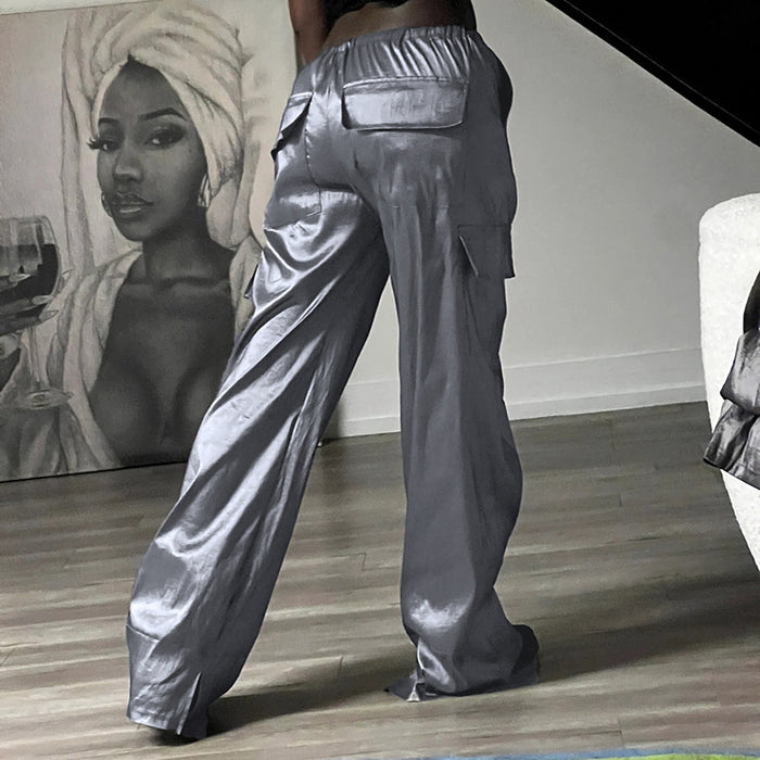 Metallic Coated fabric Women Silver Satin High Waist Drawstring Loose Straight Patchwork Pocket Common Tooling Casual Trousers