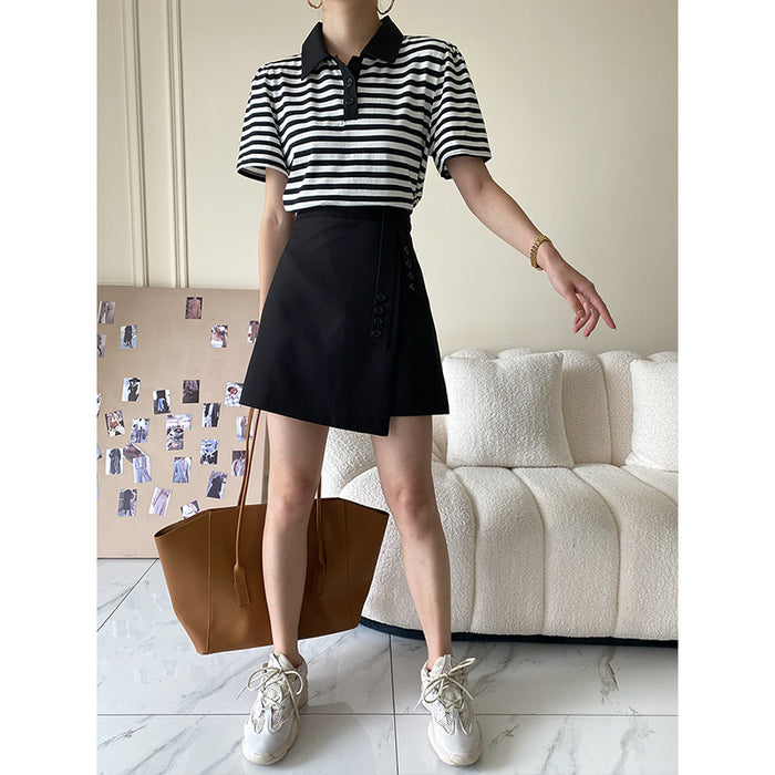 Polo Collar Striped T-shirt Suit Skirt Set Women Two-Piece Suit Summer