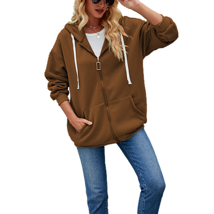 Women Cardigan Solid Color Long Sleeve Pocket Hooded Zipper Thickening Sweater Women