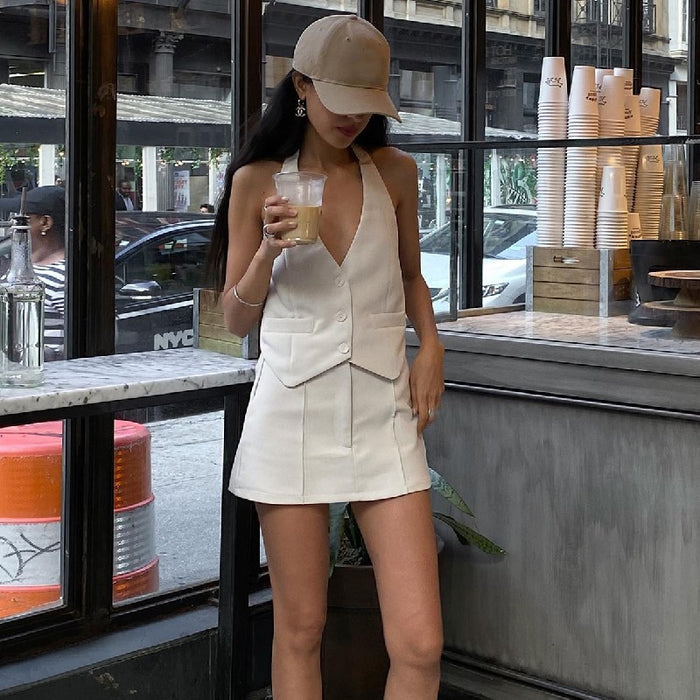 Women Clothing Summer Sexy Small Suit Faux Pocket Halterneck Vest A Line Skirt Set Women