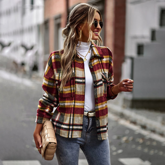 Plaid Shacket Autumn Winter Long Sleeved Shirt Casual Women