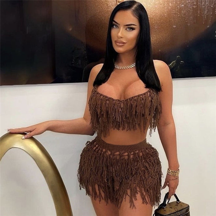 Summer Tassel Sexy Wrapped Chest See through High Waist Hip Lift Shorts Set for Women