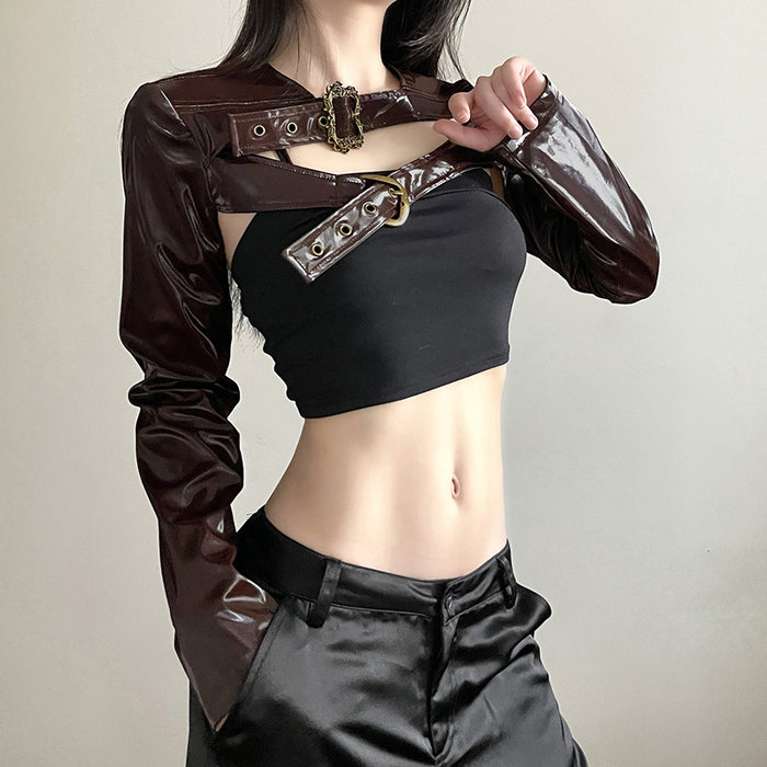 Locomotive Street Cool Metal Buckle Leather Blouse Workwear Sexy Handsome Wear Short Personalized Coat