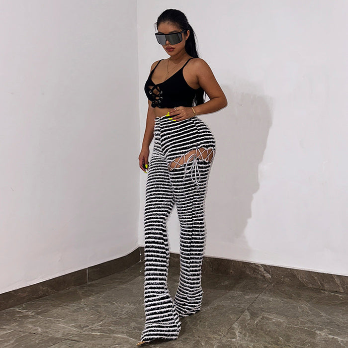 Sexy High Waist Hip Lifting Striped Hollow Out Cutout  Tight Slimming Casual Pants Girls Smart Trousers Women