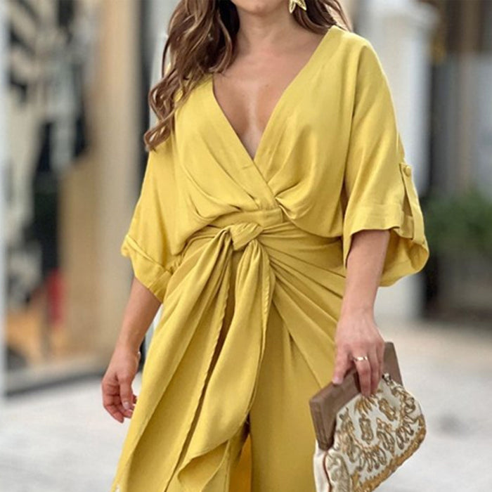 Women  Jumpsuits Suit Casual V neck Short Sleeve Solid Color Jumpsuit Two Piece Suit