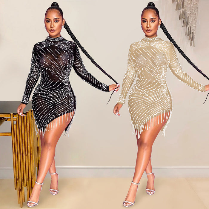 Sexy Nightclub Mesh See-through Rhinestone Bubble Bead Tassel round-Neck Long-Sleeved Dress