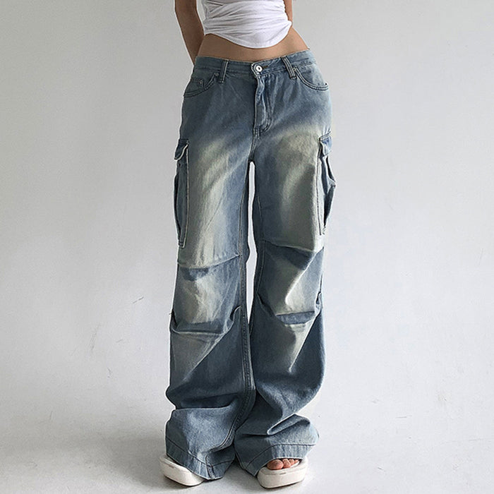 Street Pleated Low Waist Washed Worn Jeans Solid Color Flanging Pocket Straight All Matching Overalls Trousers