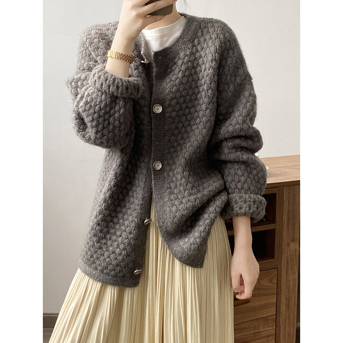 Pineapple Plaid Cardigan Sweater Women Autumn Winter Loose Lazy Knitted Top