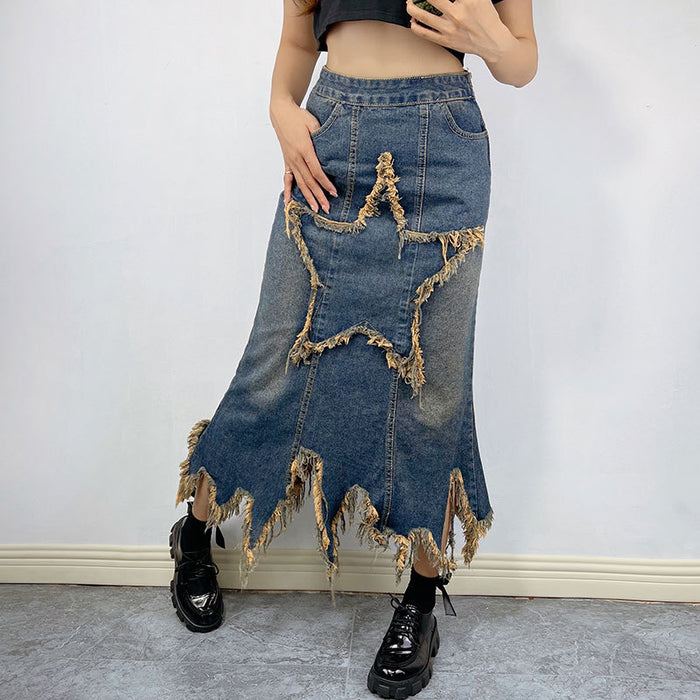 Retro High Waist Irregular Asymmetric Skirt for Women Autumn Sexy A line Slimming Long Denim Skirt