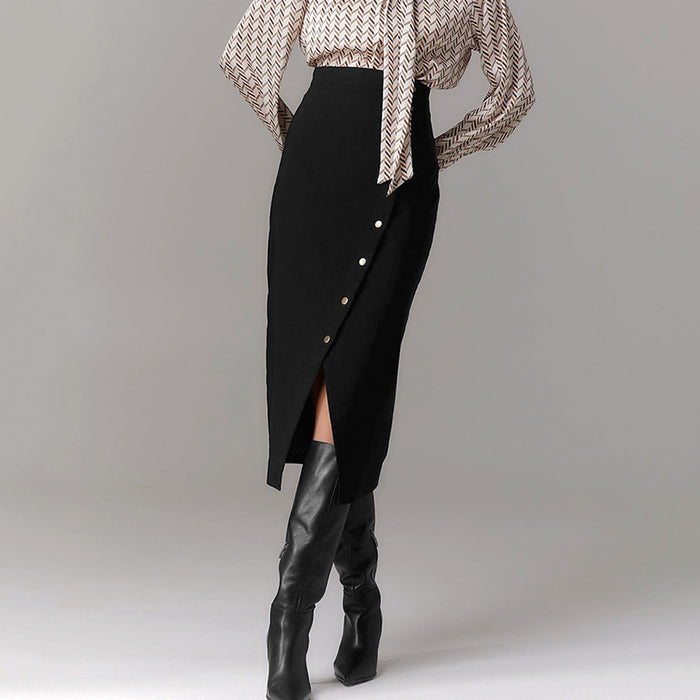 Autumn Winter Office Simple Elegant Split Skirt   Slim Fit High Waist A  line Skirt