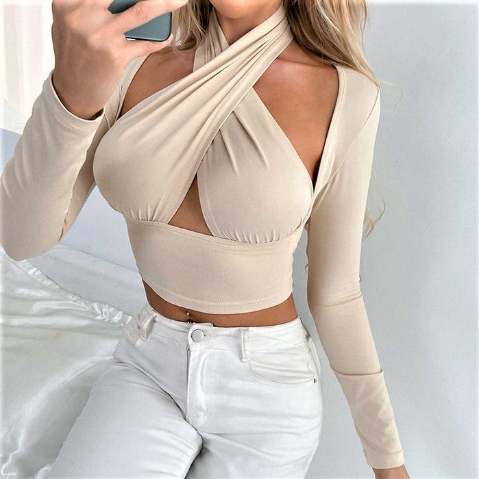 Autumn Winter New Fashion Sexy Criss Cross Collar Loose T-shirt with Shoulder Oversleeve Hollow Out Hollow Out Cutout Top for Women