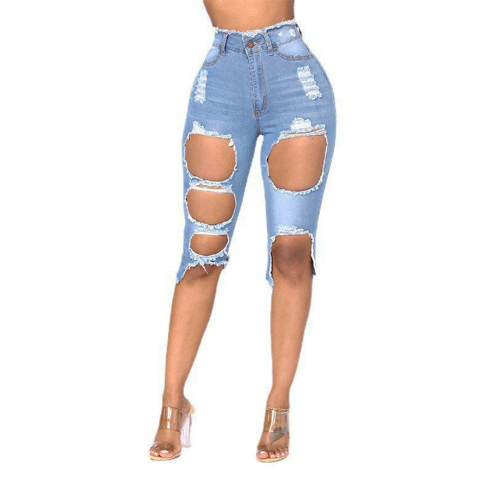 Elastic Ripped Jeans High Waist Middle Pants Cropped Pants Women