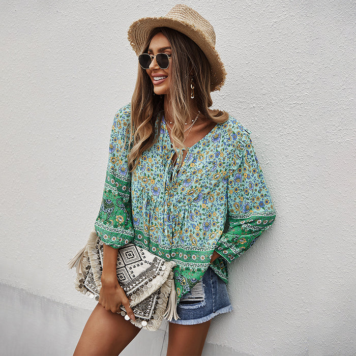 Bohemian Women Babydoll Top Spring Summer Print Shirt