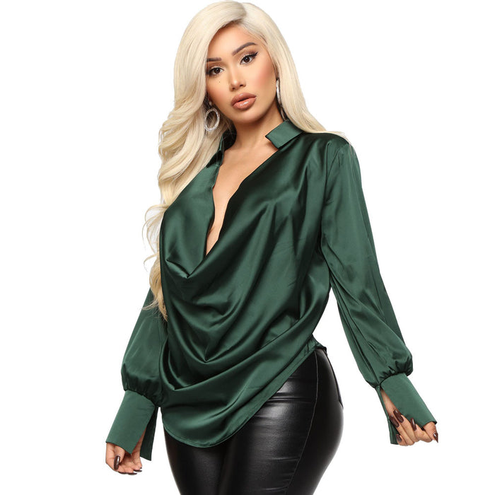 Fall Winter Women Shirt Sexy Long Sleeve Deep V-neck Satin Top