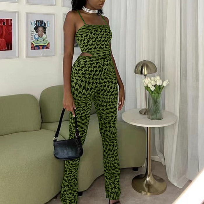 Suit Green Printing Vest Wide Leg Pants Casual Two Piece Suit