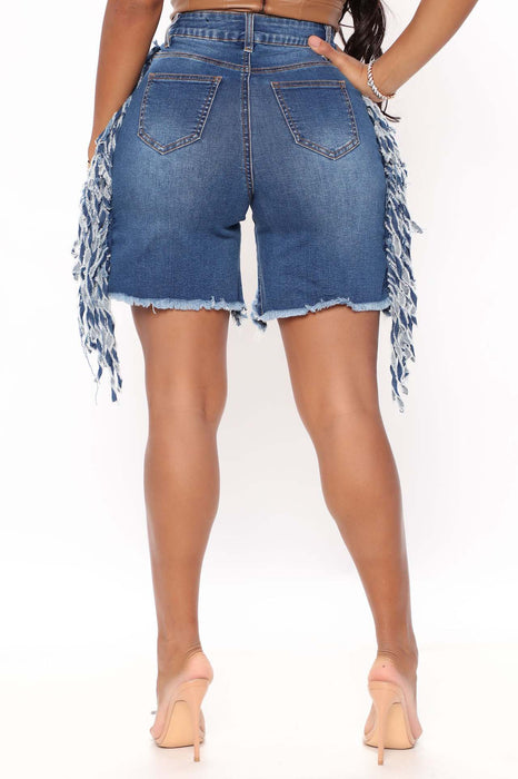 Elastic Worn Denim Shorts Tassel Shorts for Women