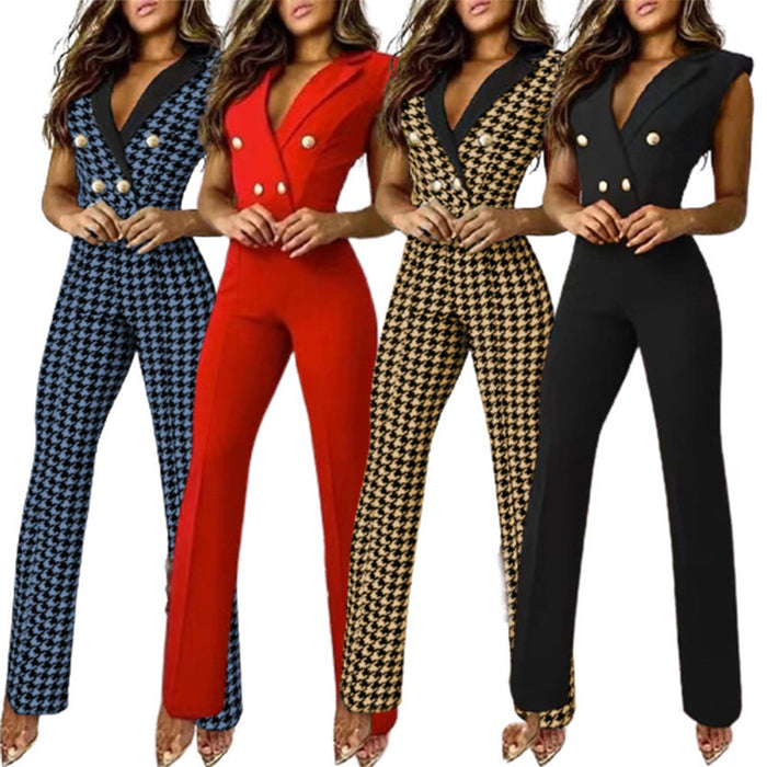 Spring Summer Women Clothing  Color Matching Button V-neck Sleeveless Houndstooth Jumpsuit Business Wear for Women