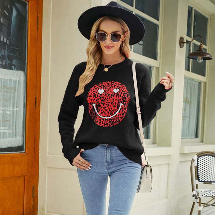 Winter Women Clothing Love Valentine Day round Neck Sweater Women Smiley Face