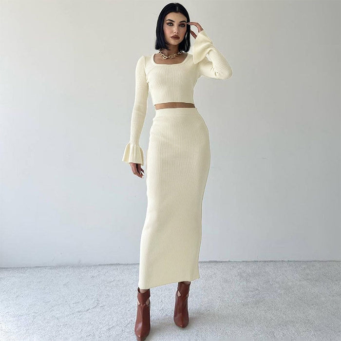 Women Clothing Autumn Sexy Cropped Sheath Slim Fit Long Sleeve Slightly Flared Skirt Set