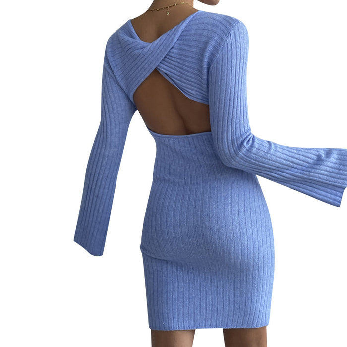 Women Clothing Sexy Backless Solid Color Long Sweater Dress Bell Sleeve Elegant Bodycon Knitted Dress