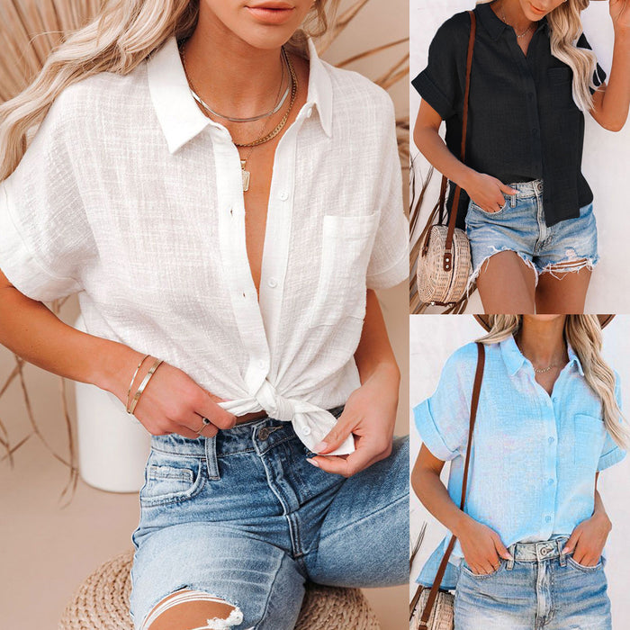 Summer Polo Collar Solid Color Short Sleeve Casual Women Cotton Linen Shirt Top Women Clothing