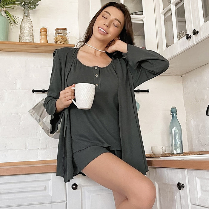 Autumn Knitted Simple Comfortable Pajamas Three Piece Loose Casual Suspender Shorts Ladies Homewear